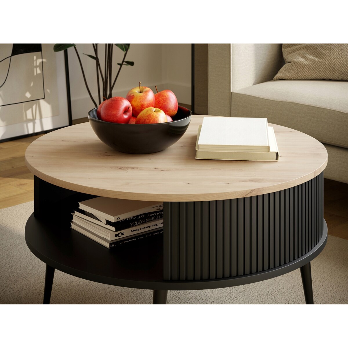 Nowoczesny Stolik Kawowy Okrągły DO SALONU Lamele Czarne DĄB ARTISAN 76 cm