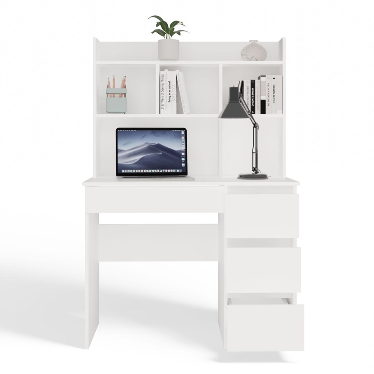 Biurko Topeshop Mijas Prawe z Nadstawką Biel Mat 4 Szuflady 4 Półki