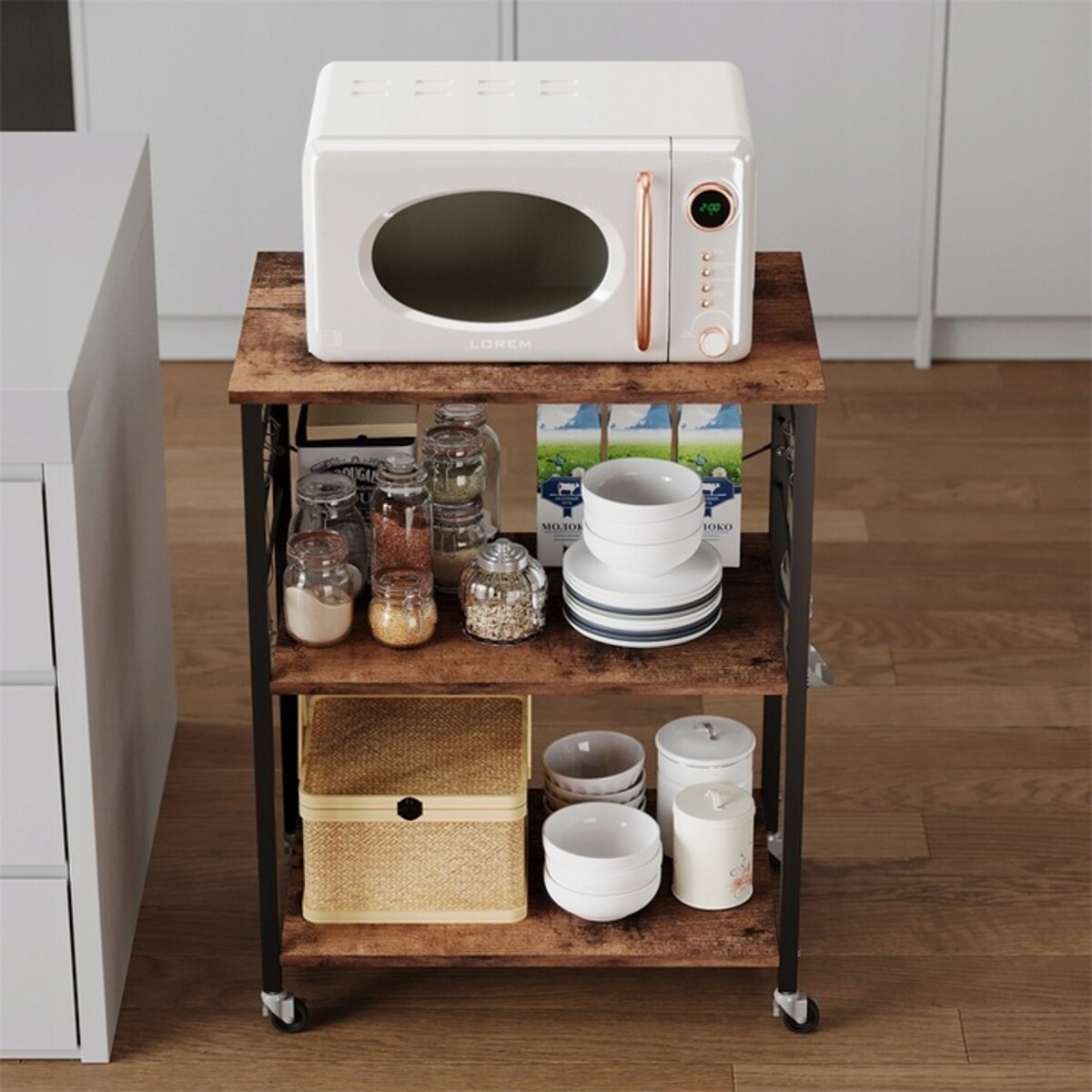 SZAFKA MOBILNA NA KÓŁKACH BRĄZOWA STOLIK ŚNIADANIOWY WÓZEK KUCHENNY 60 CM