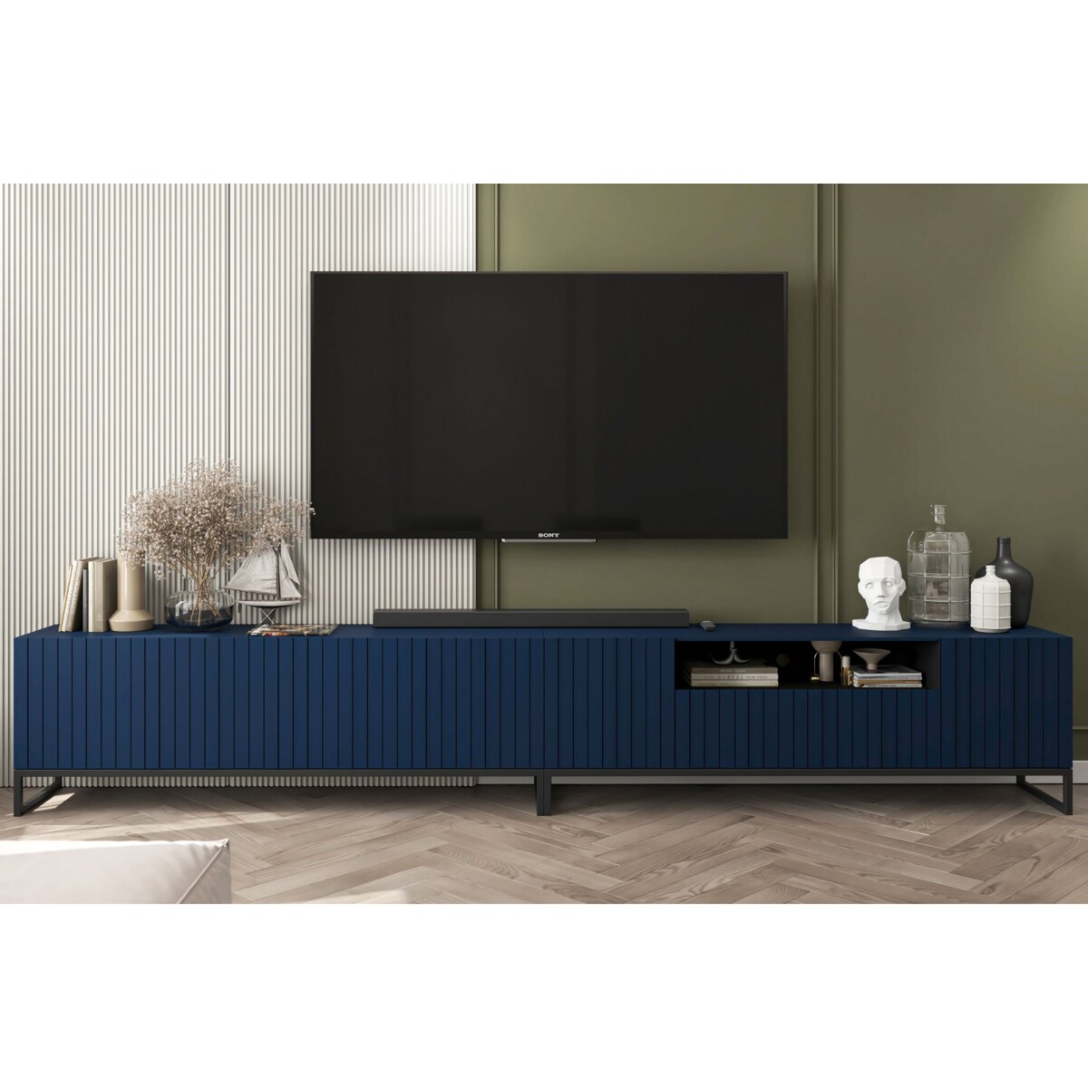 Komoda RTV Glamour Nowoczesna Szafka RTV Granatowy Mat Czarna Rama Metalowa 300 cm