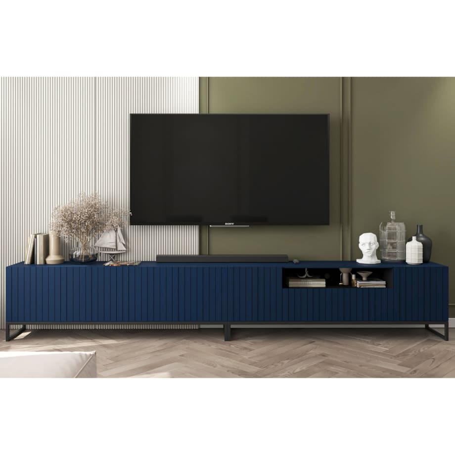 Komoda RTV Glamour Nowoczesna Szafka RTV Granatowy Mat Czarna Rama Metalowa 300 cm