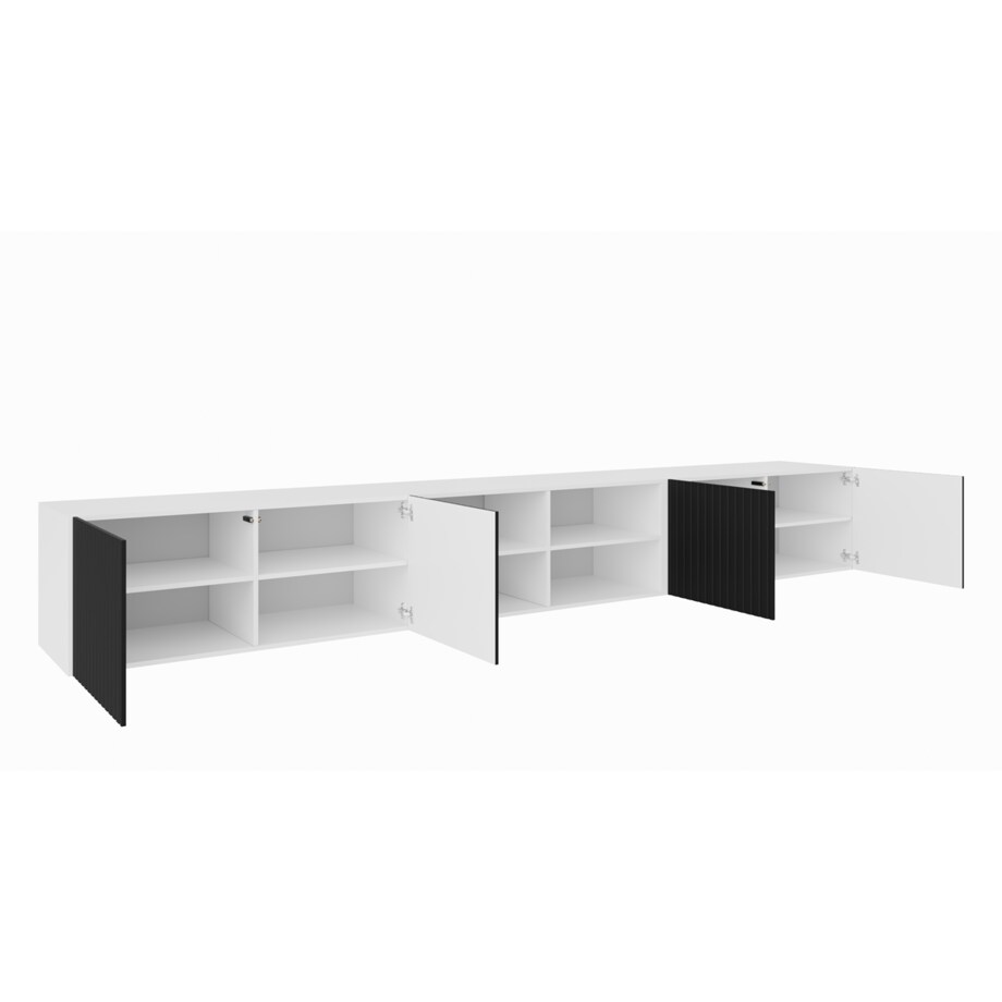 Szafka RTV RIO 300 cm otwarta z półkami, ryflowana- biały+czarny