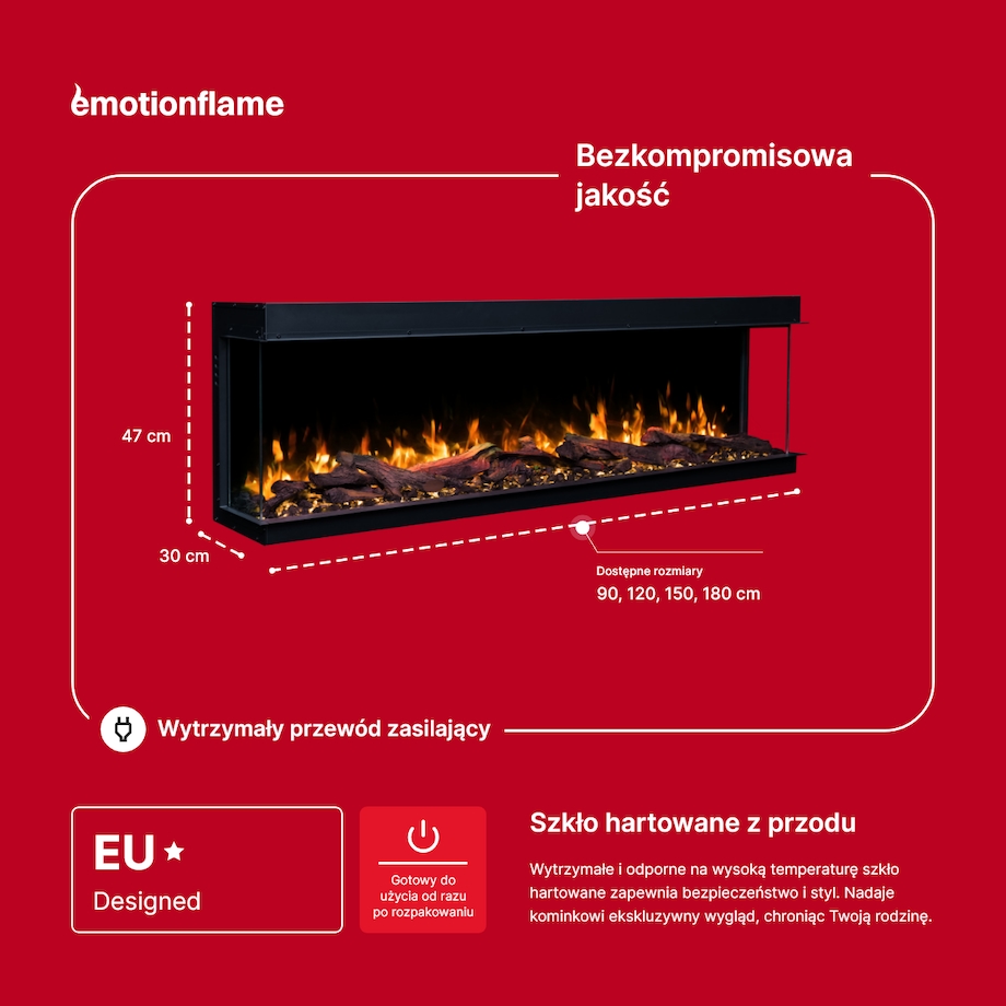 Kominek elektryczny à 3 côtés Emotion Flame Solis 120 - do zabudowy - 120x30x46 cm - kominek LED - funkcja grzania 750/1500 W