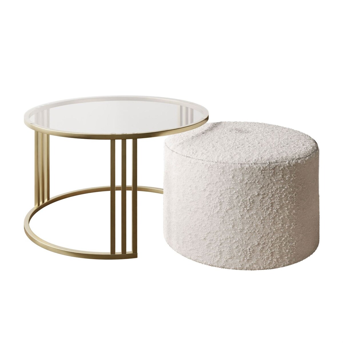 Stolik kawowy z pufą LORI GLASS złoto szczotkowane, przezroczyste szkło / Coral 65