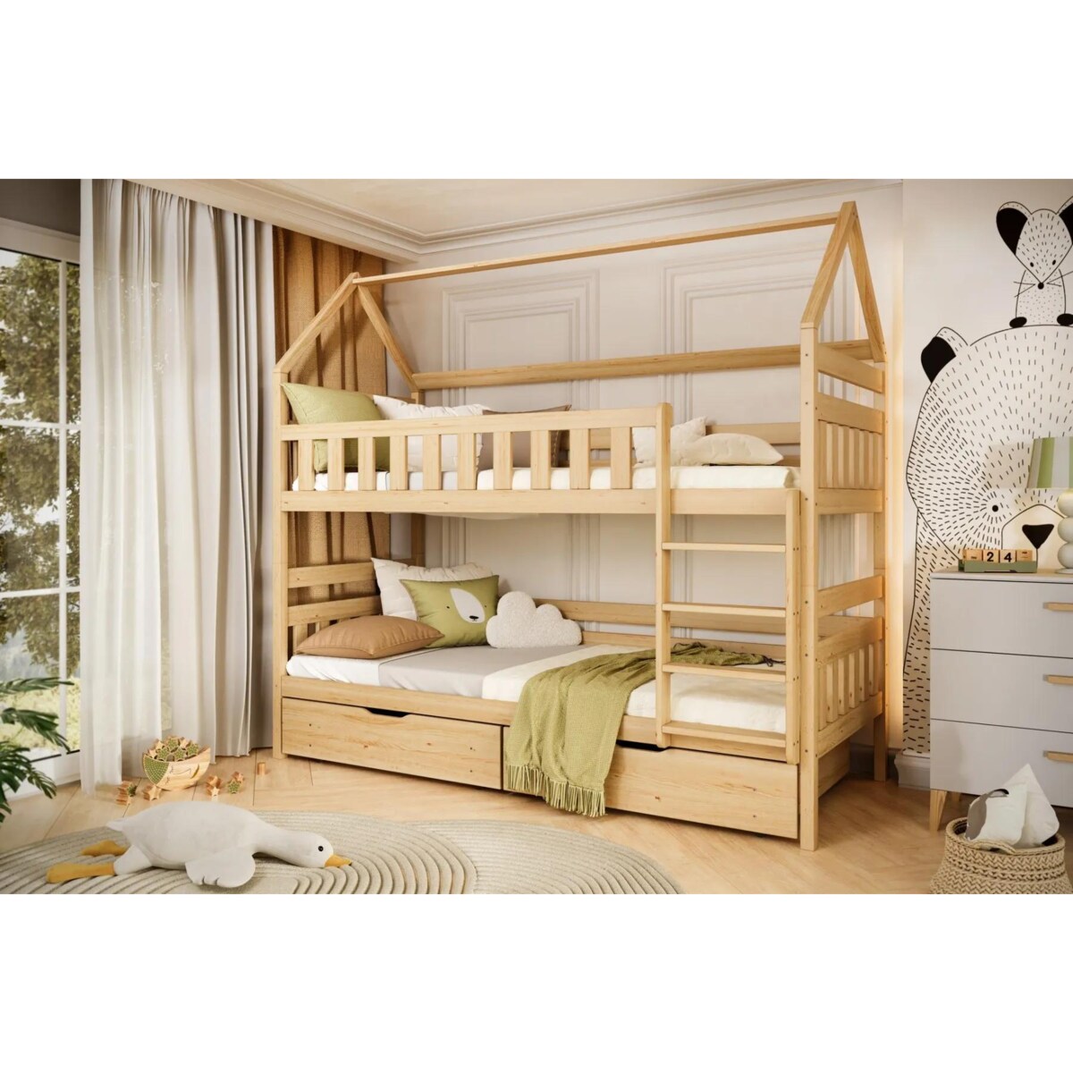 Łóżko piętrowe domek FELIKS 180x80 sosna lakierowana drewniane