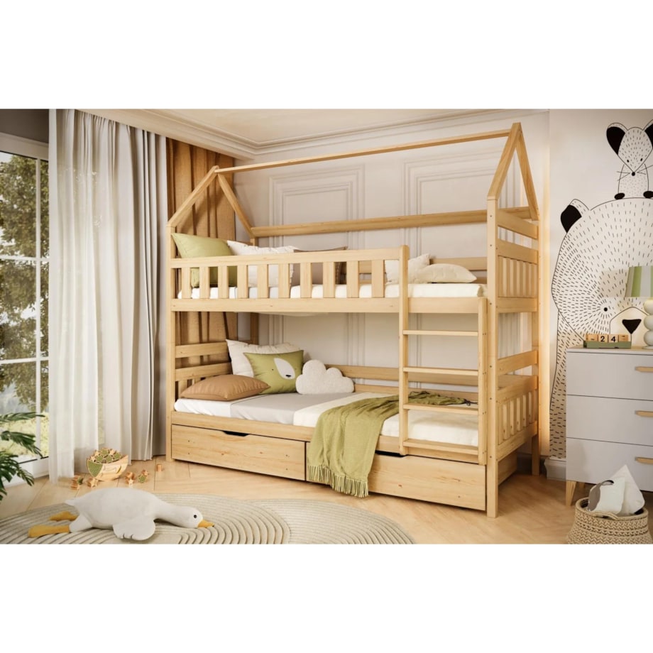 Łóżko piętrowe domek FELIKS 180x80 sosna lakierowana drewniane