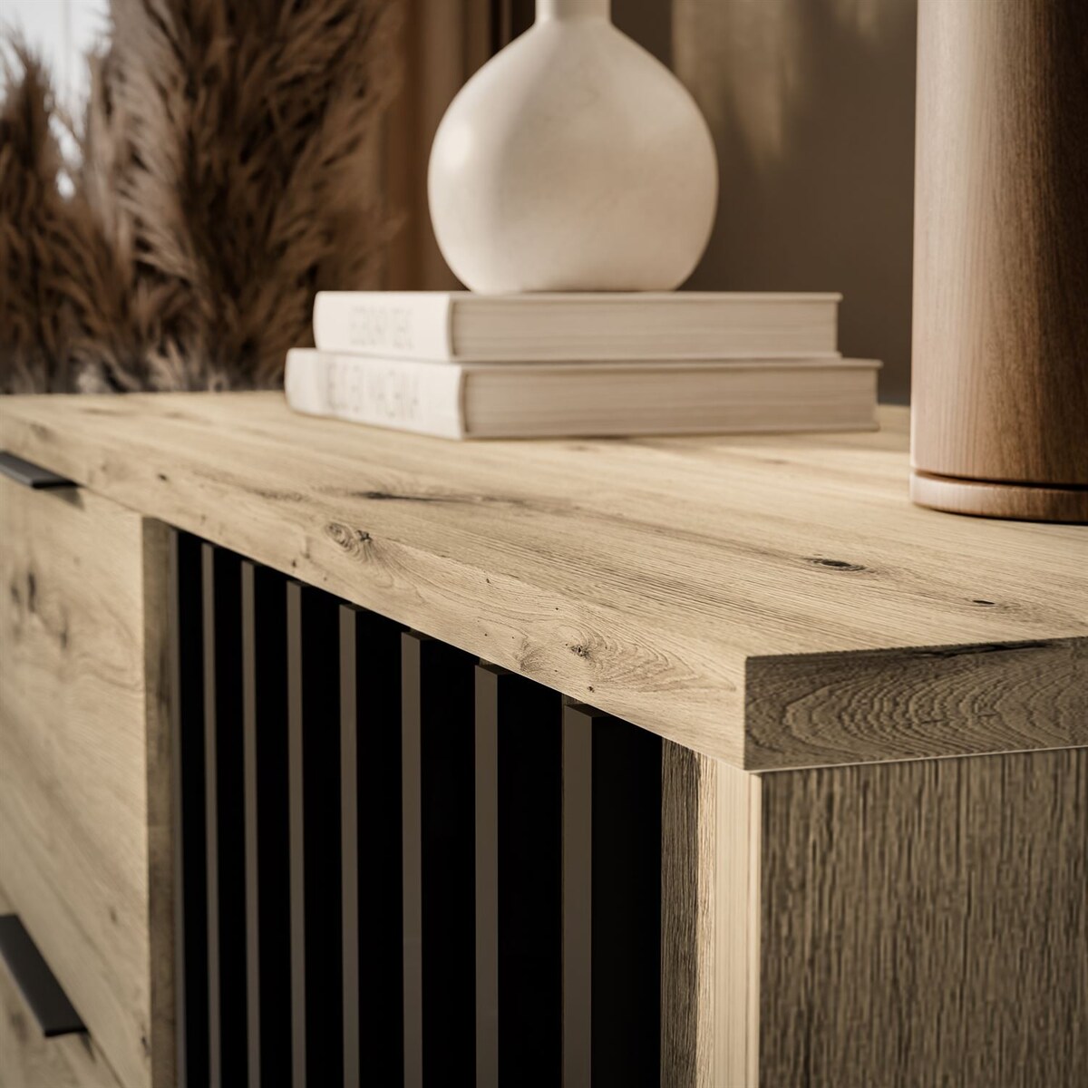 Komoda NELA 1D3S z lamelami, dąb artisan + czarny