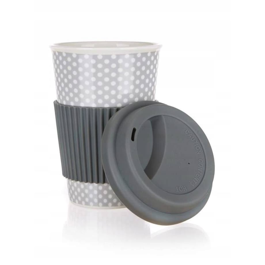 CERAMICZNY KUBEK Z SILIKONOWĄ POKRYWKĄ 400 ml szary na kawę herbatę napoje