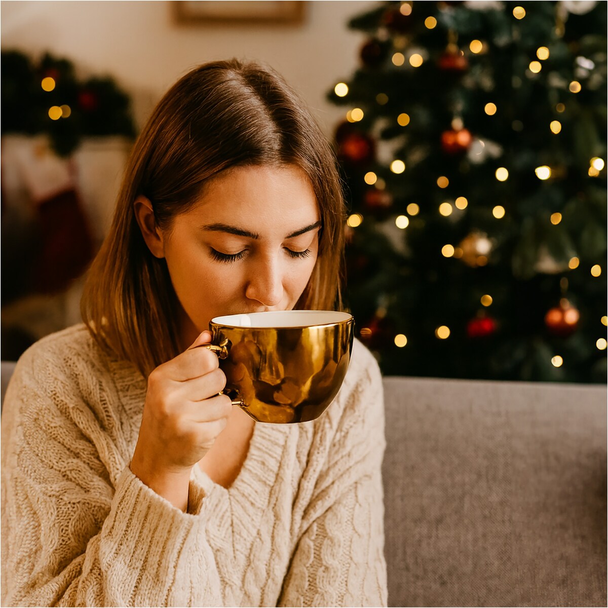 Kubek Z Uchem Świąteczny Porcelanowy Złoty 350 Ml