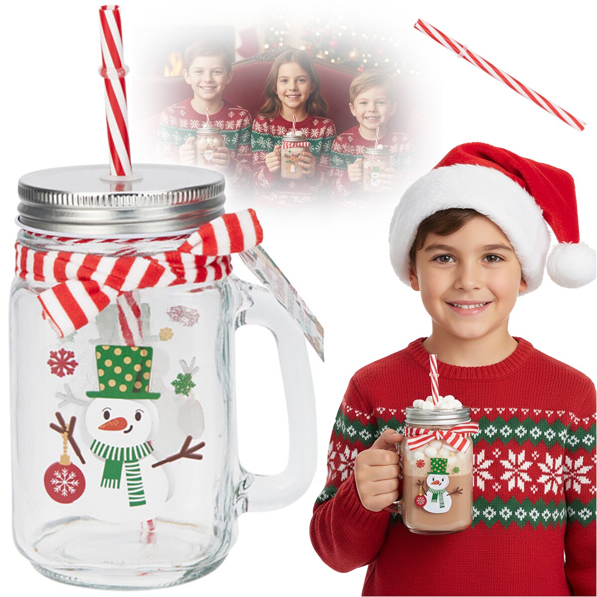 Szklanka Świąteczna Kubek Na Napoje Ze Słomką Dla Dzieci Słoik 450 Ml