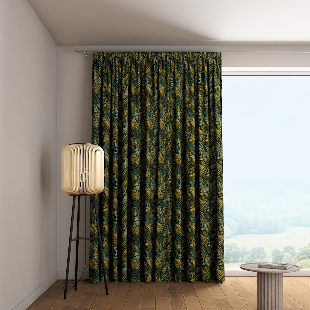 Zasłona na taśmie marszczącej 1 szt. 130x260 zielone liście paproci