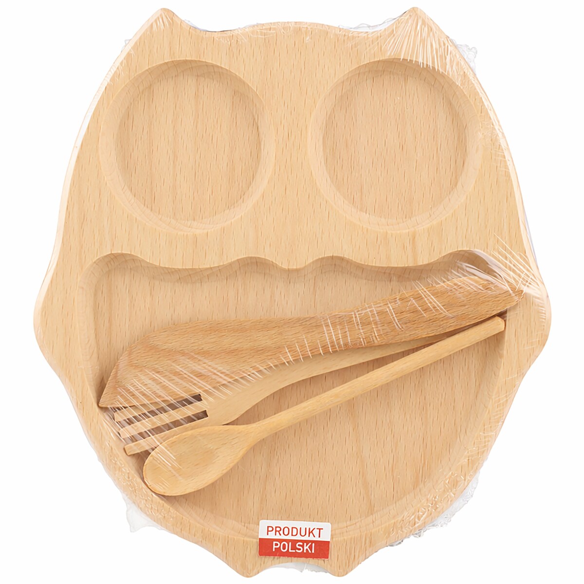 Tacka Drewniana Dla Dzieci Sowa Zestaw Talerzyk + Sztućce Naturalne Drewno