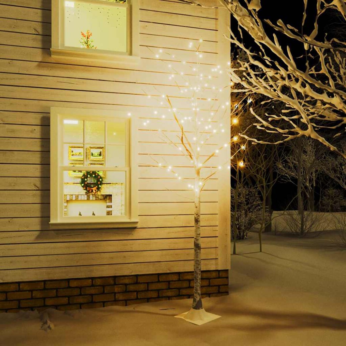 vidaXL Brzoza z oświetleniem, 128 ciepłych białych LED, 220 cm