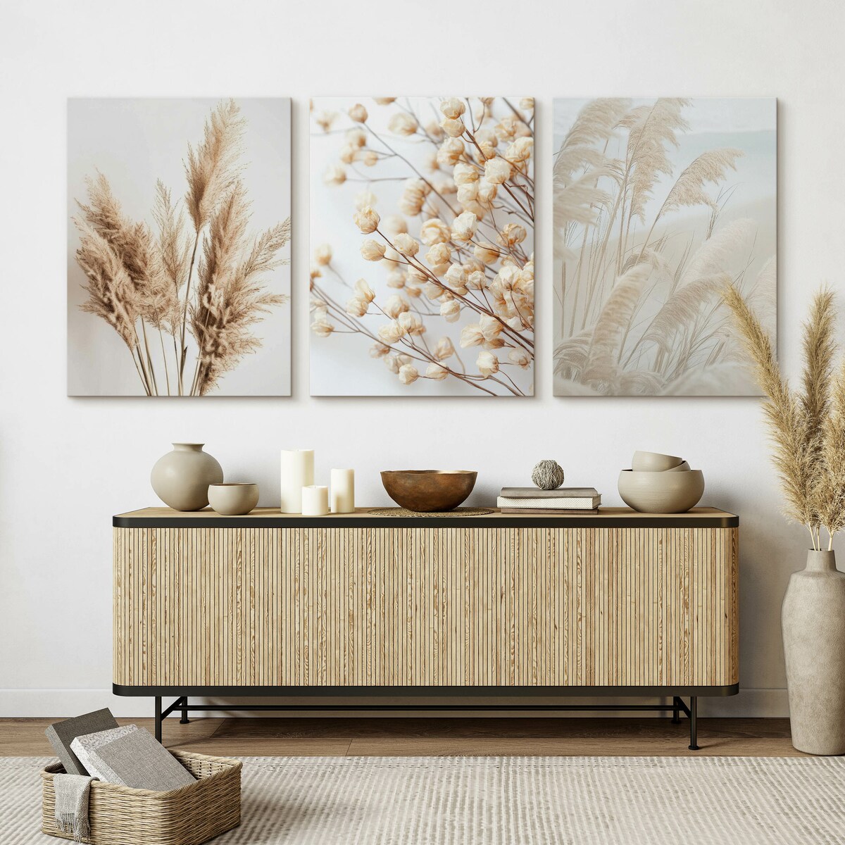 3x Obraz Do Sypialni Set Trawa Pampasowa Kwiaty Rośliny Styl Boho 30x40cm
