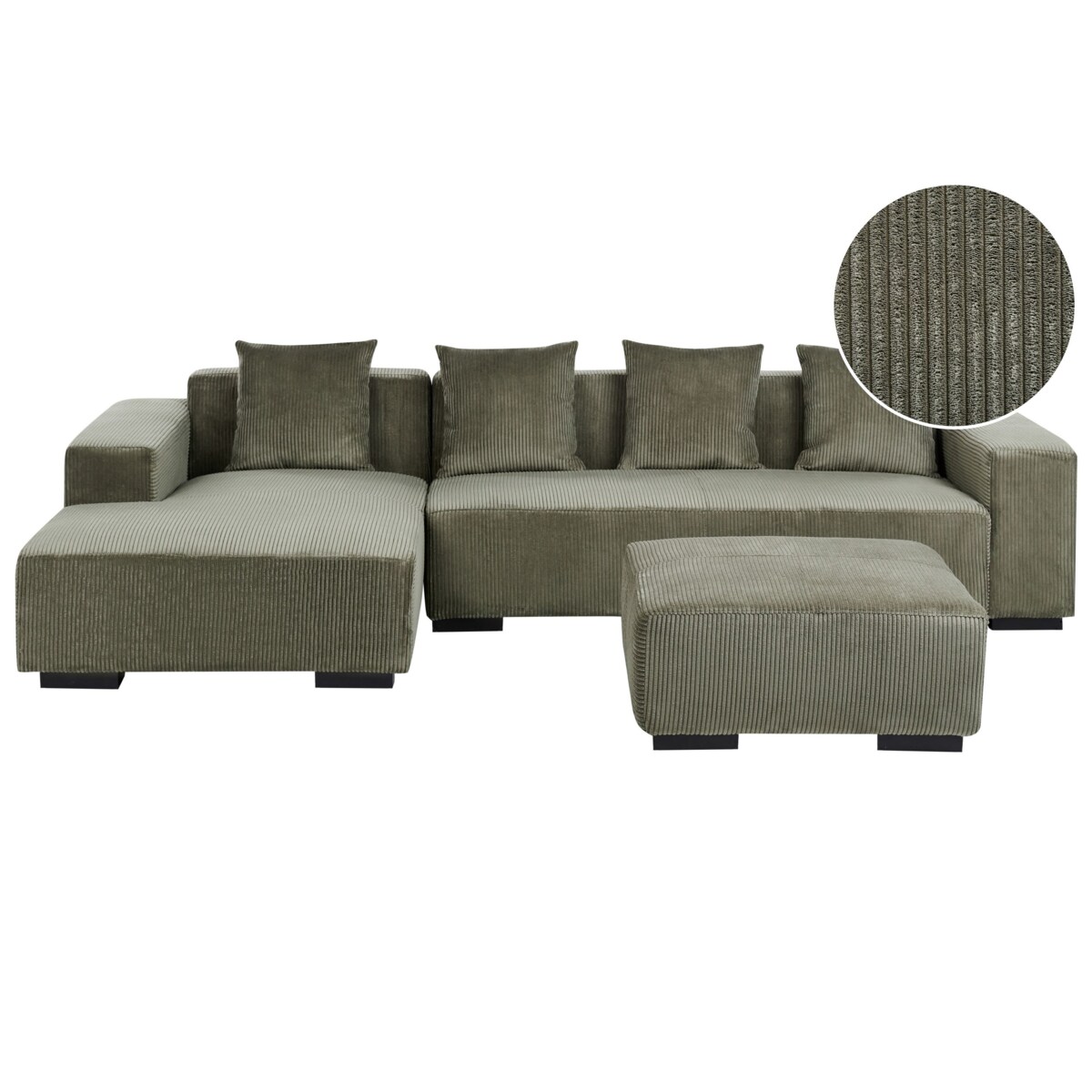 Sofa narożna z otomaną LUNGO Sztruks Zielony dla 4 osób Prawostronny