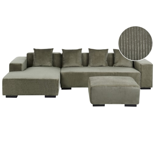 Sofa narożna z otomaną LUNGO Sztruks Zielony dla 4 osób Prawostronny