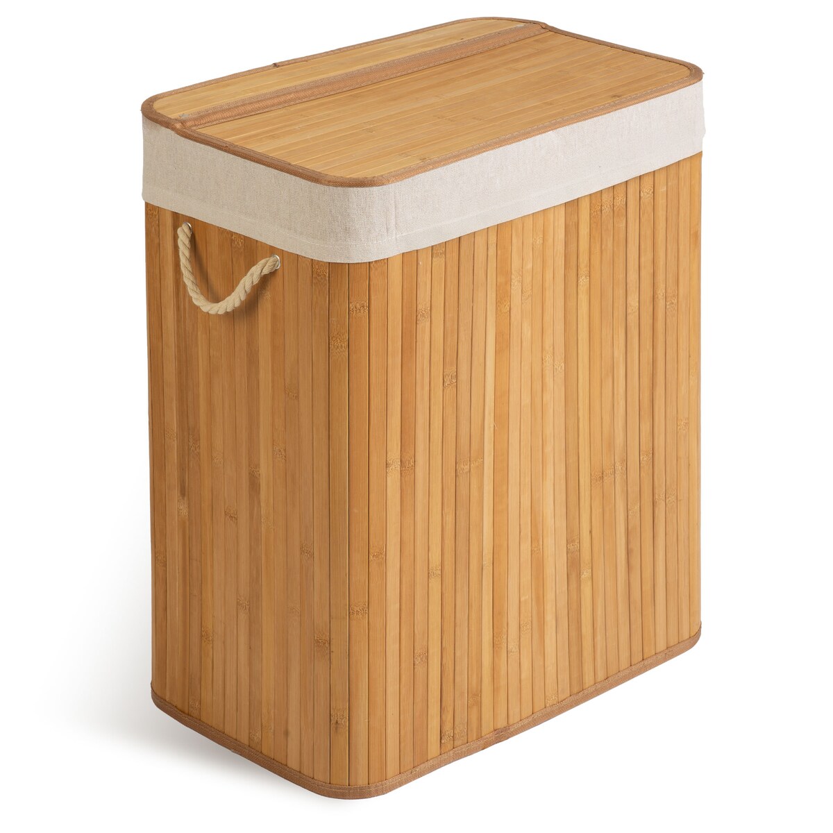 Massido, bambusowy kosz na pranie z pokrywą dwukomorowy 100l, naturalny beżowy 61x54x34 cm