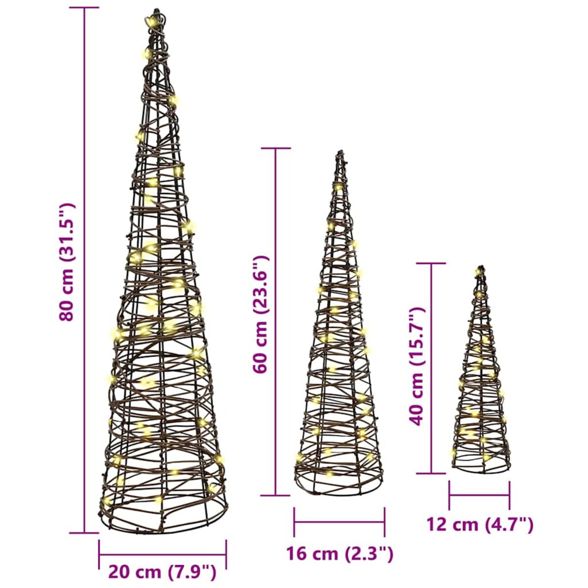 vidaXL Choinka 3 pcs Ciepła biel 20 x 20 x 80 cm rattan