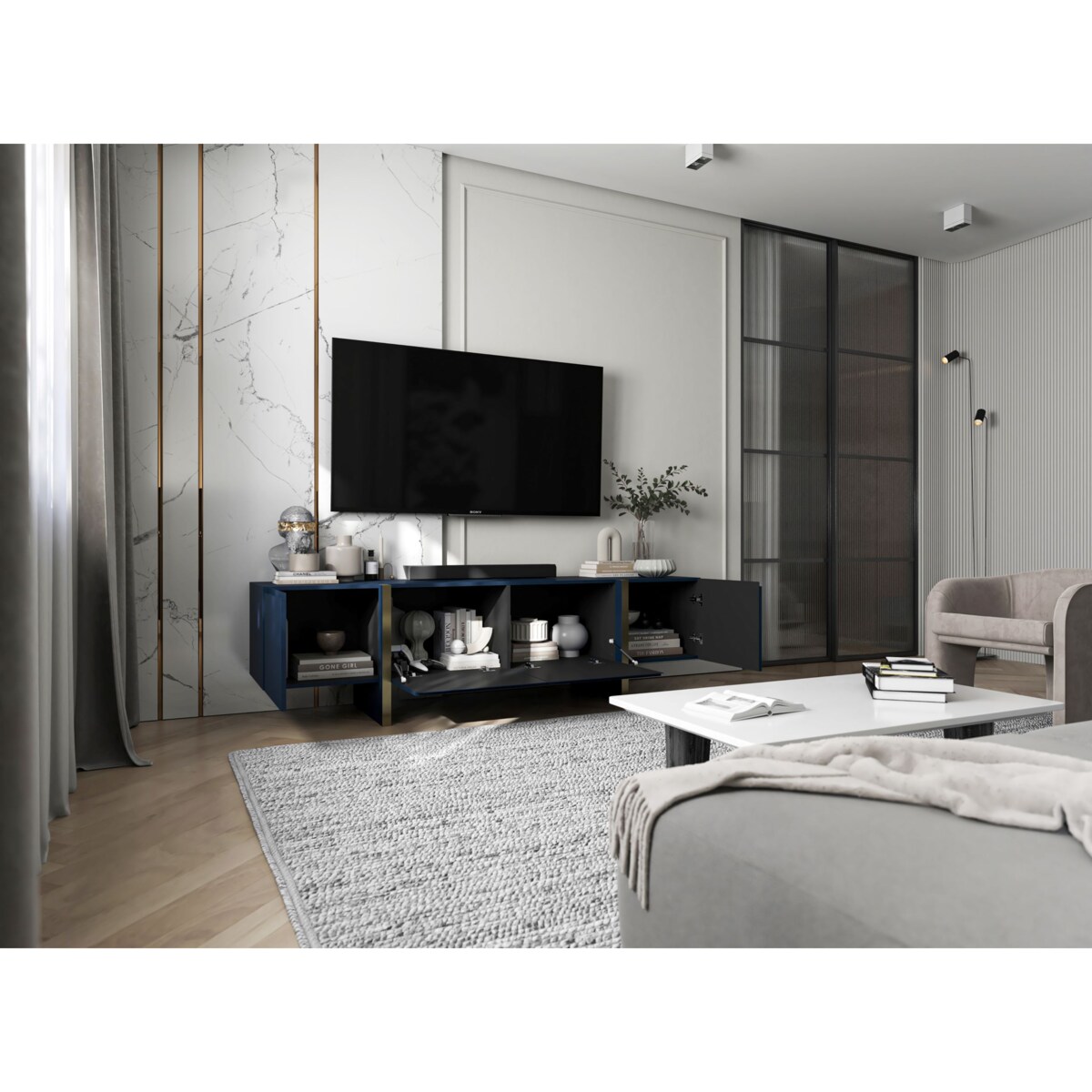 Szafka RTV Kenzo Nowoczesna Komoda RTV Glamour Granatowy Mat 180 cm