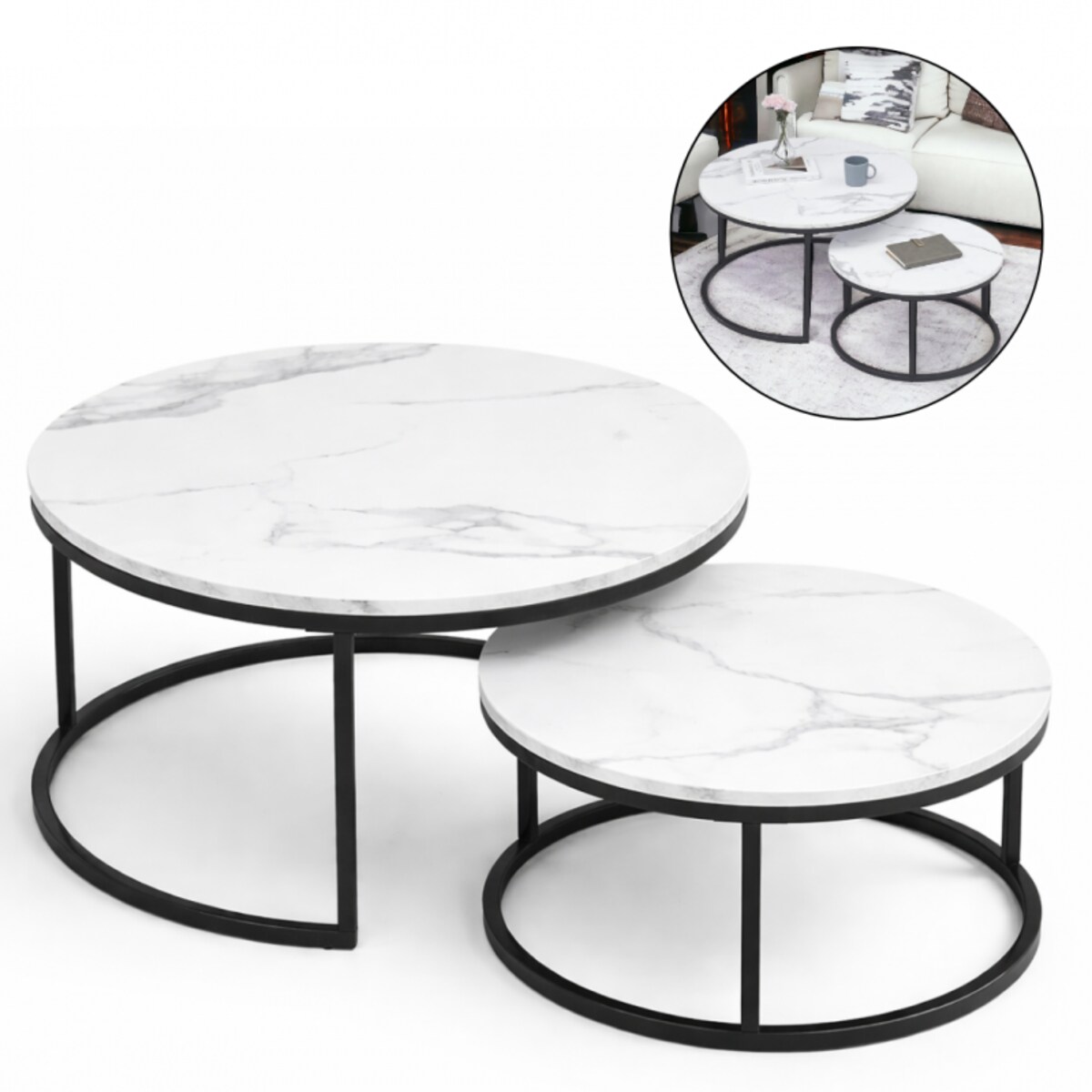 Zestaw okrągłych stolików kawowych 2w1 biały marmur 60 i 80 cm STL14