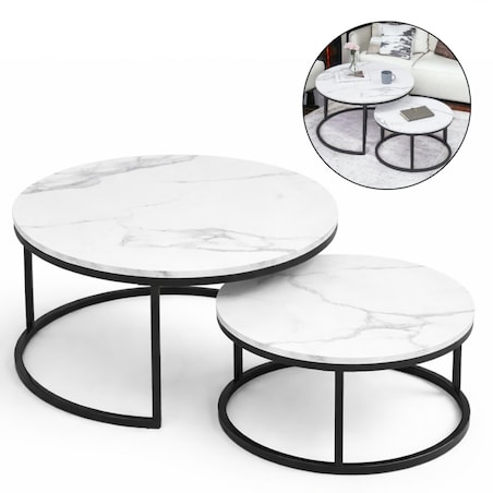 Zestaw okrągłych stolików kawowych 2w1 biały marmur 60 i 80 cm STL14