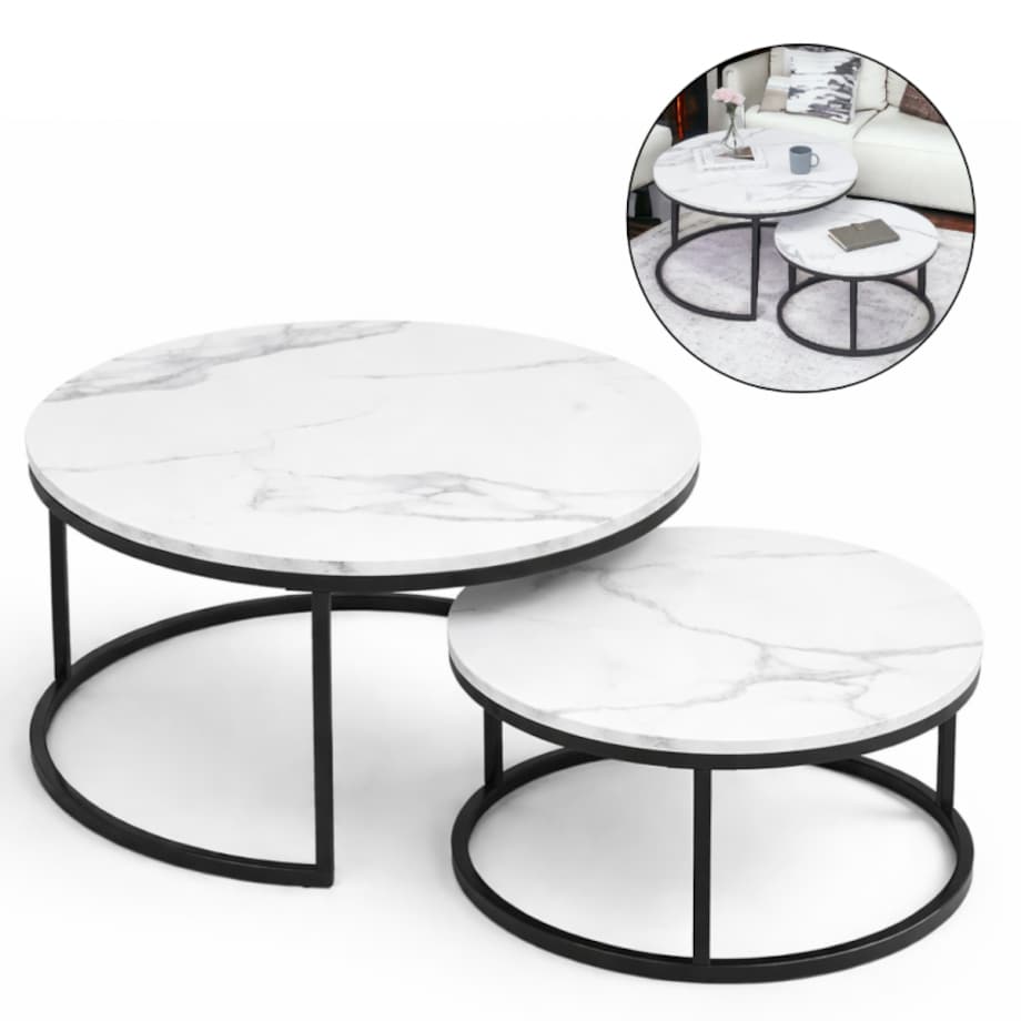 Zestaw okrągłych stolików kawowych 2w1 biały marmur 60 i 80 cm STL14