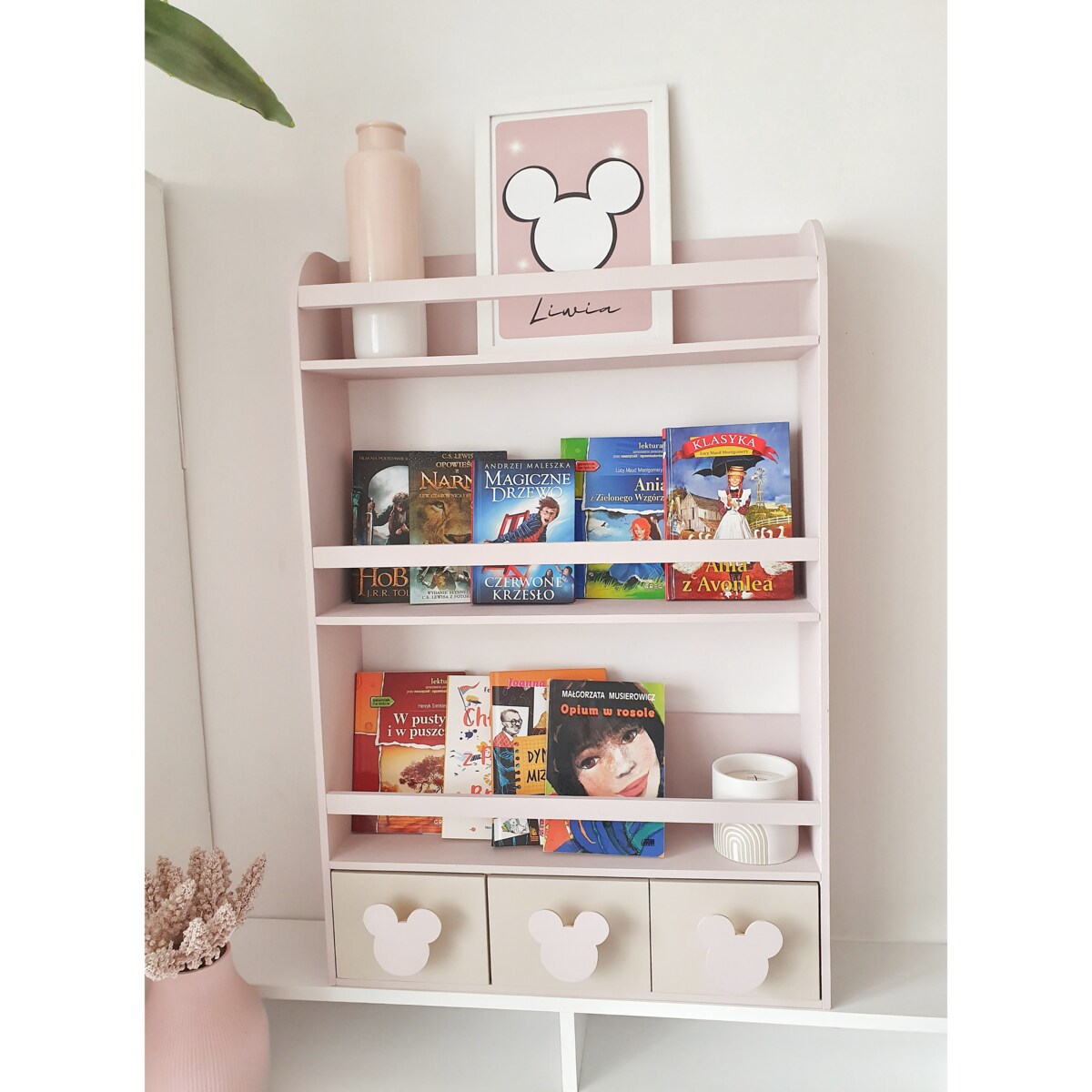 DREWNIANY WISZĄCY REGAŁ BIBLIOTECZKA DLA DZIECI PUDROWY RÓŻ Z MYSZKĄ