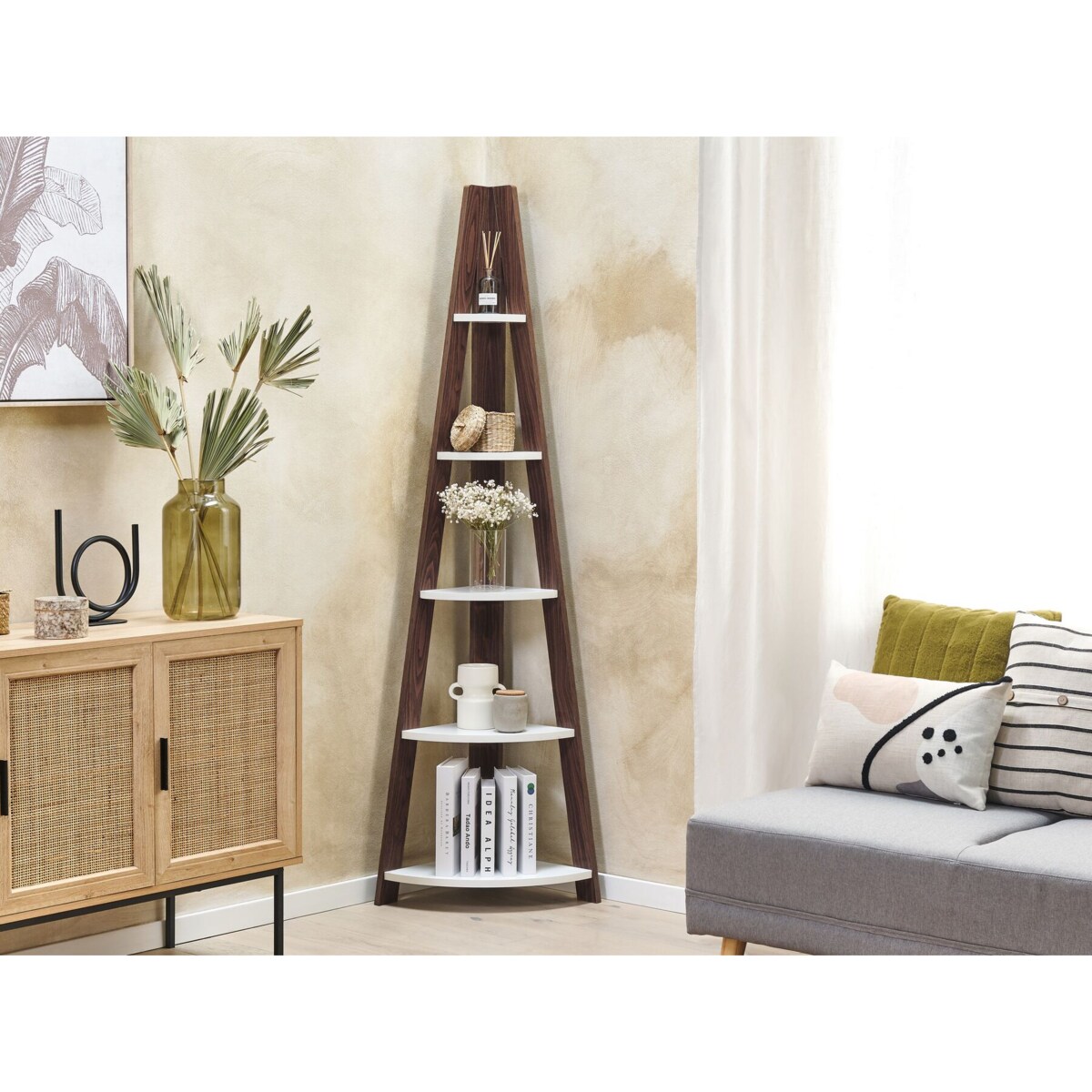 Regał narożny 4 półki ciemne drewno z białym MOBILE SOLO