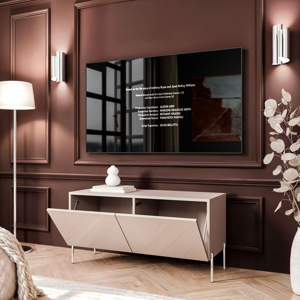 Szafka RTV COLGANTE 100 kaszmir wysoki połysk, oświetlenie LED, nóżki proste srebrne