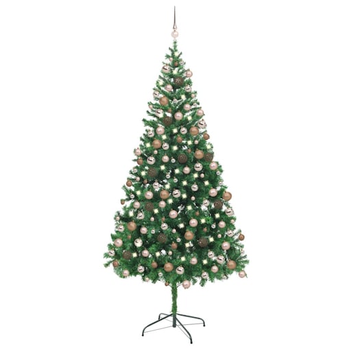 vidaXL Sztuczna choinka z lampkami i bombkami, 210 cm, 910 gałązek