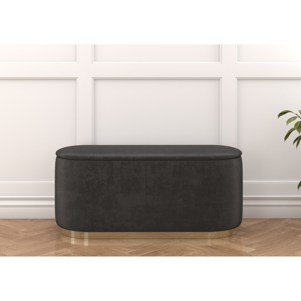 Tapicerowany owalny puf ze schowkiem Dancan SCARLETT na złotej podstawie / szer. 110 cm / szary