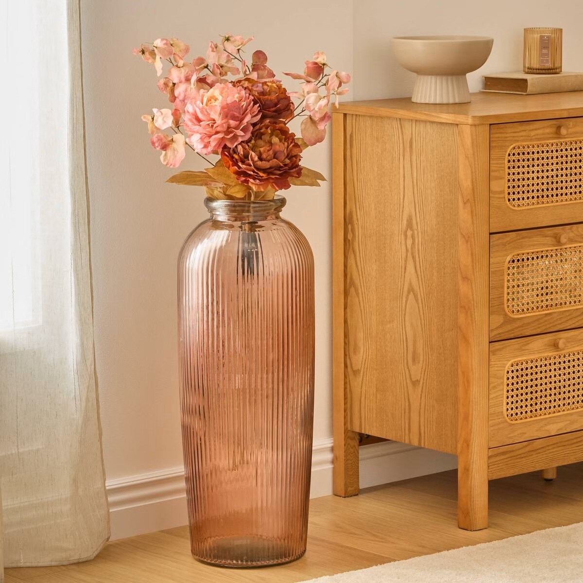 Wazon szklany, prążkowany Luz, 72 cm, różowy