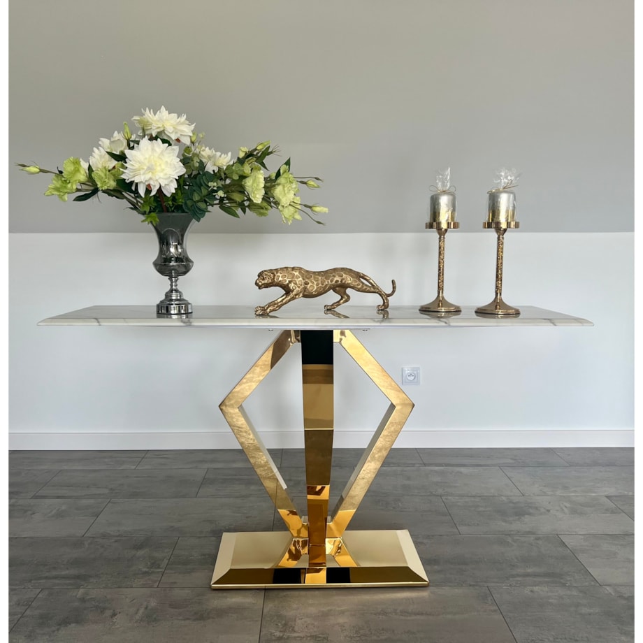 nowoczesna konsola złota nowojorska Diament z kamiennym blatem marmurowym 150x45x75 Premium glamour / w połysku