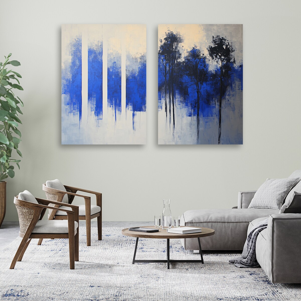 Nowoczesny Zestaw obrazów na ścianę do salonu sypialni kuchni biura Niebieska abstrakcja drzewa 80x60 (2x40x60)