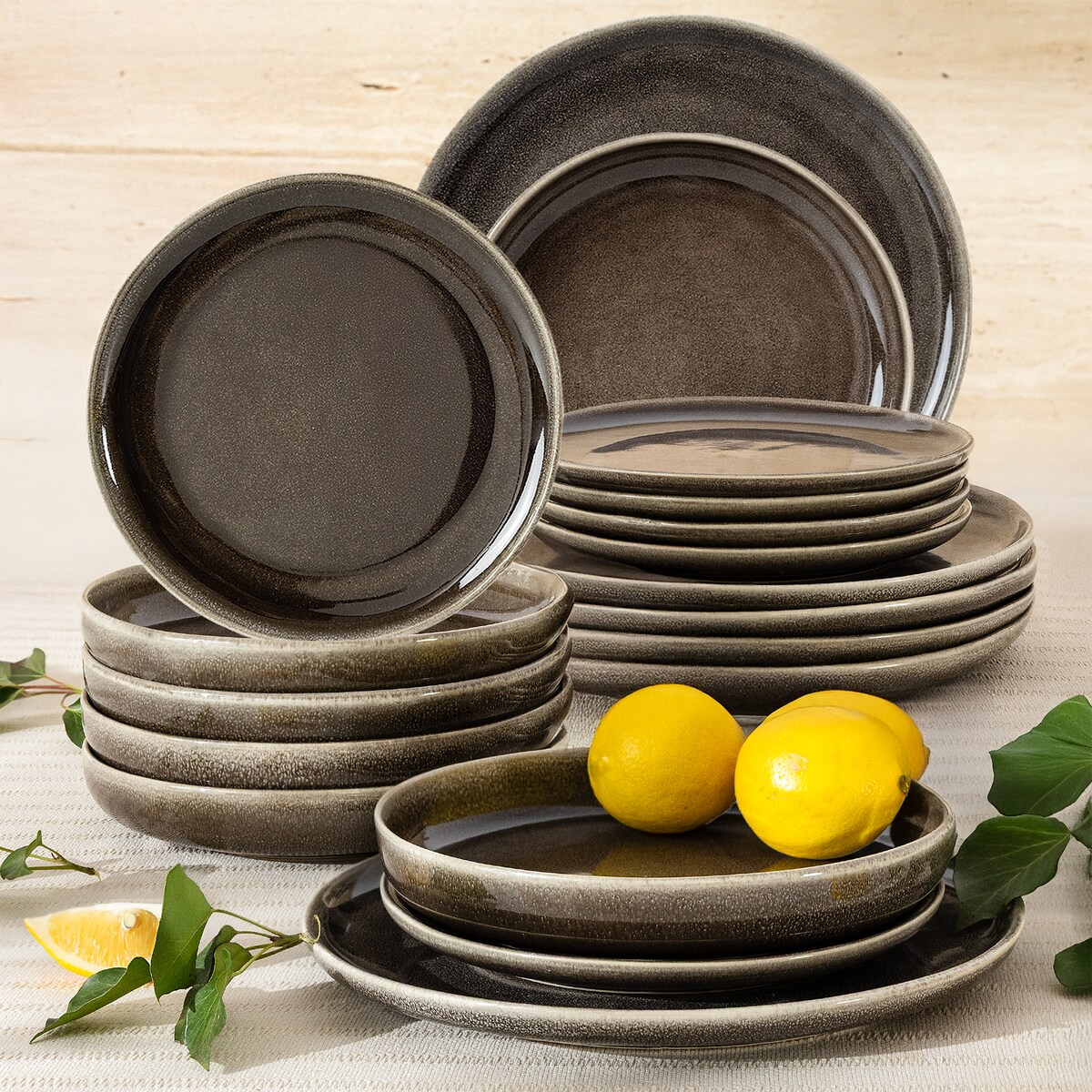 EDA Zestaw obiadowy 6 os. (18 el.), brązowy/szary/beżowy