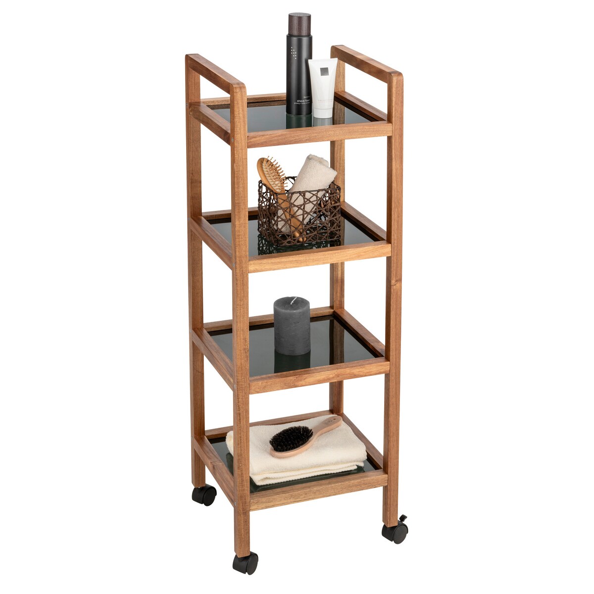 Mobilny regał z drewna akacji FONDI, 4 poziomy, wys. 101,5 cm