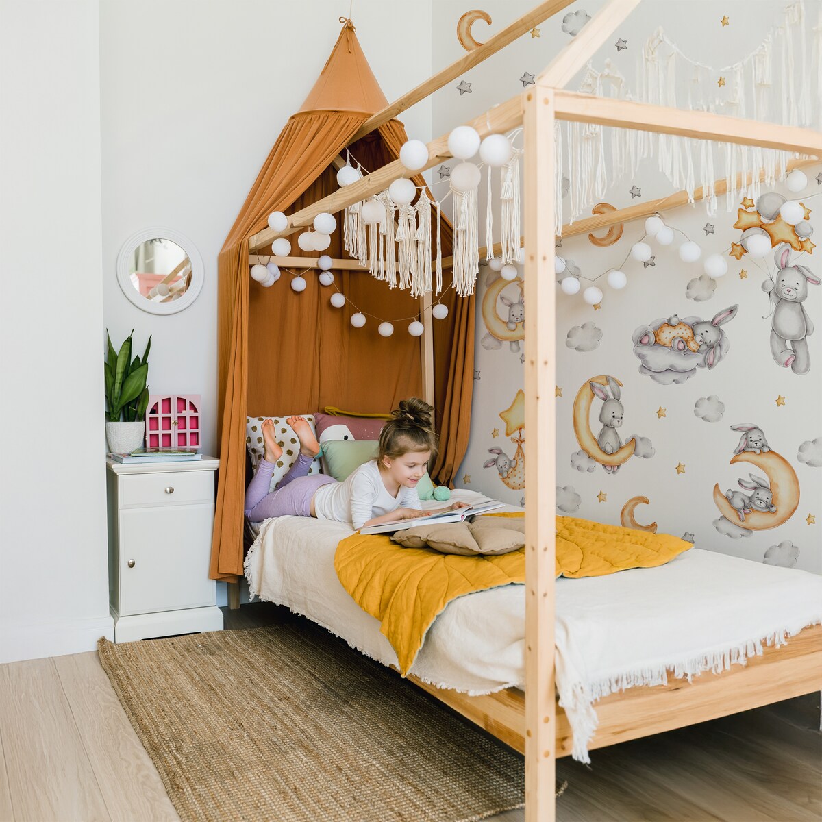 Naklejki Ścienne Dla Dzieci Szare Króliczki Chmurki Gwiazdy Księżyce ZESTAW 60x30cm