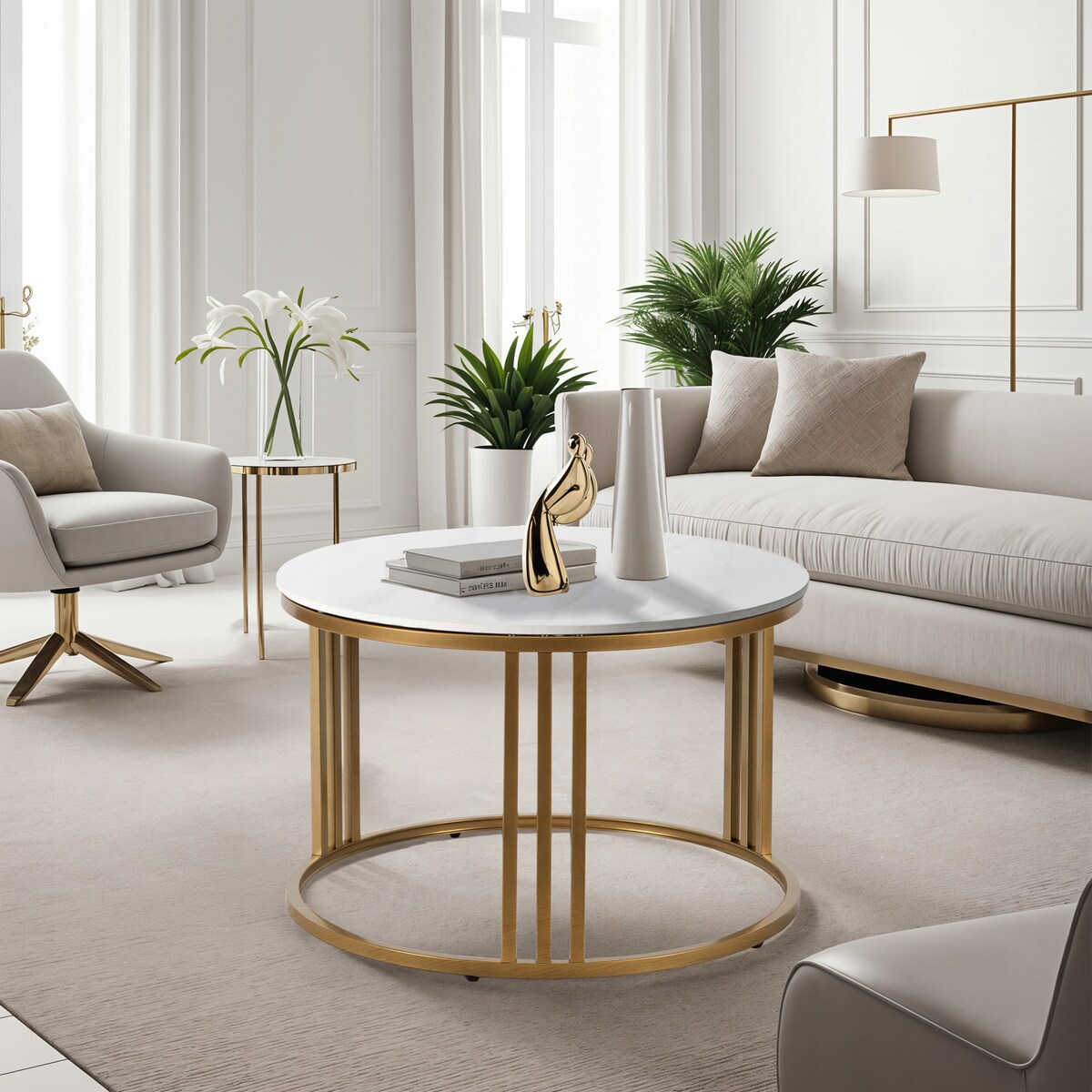 Stolik Kawowy Okrągły Mały Złoty Ława Okrągła Glamour Biały Połysk KORIN