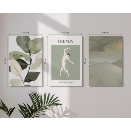 Zestaw 3 dużych obrazów na płótnie - Roślinne wzory sylwetki abstrakcji - zielony