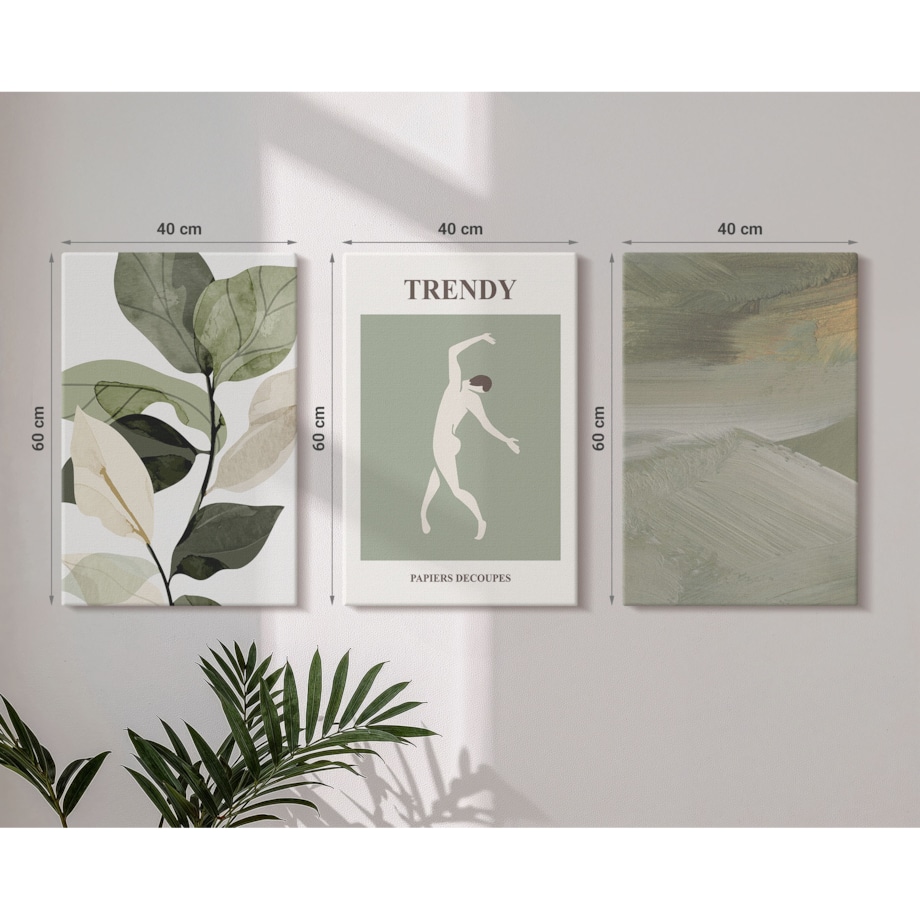 Zestaw 3 dużych obrazów na płótnie - Roślinne wzory sylwetki abstrakcji - zielony