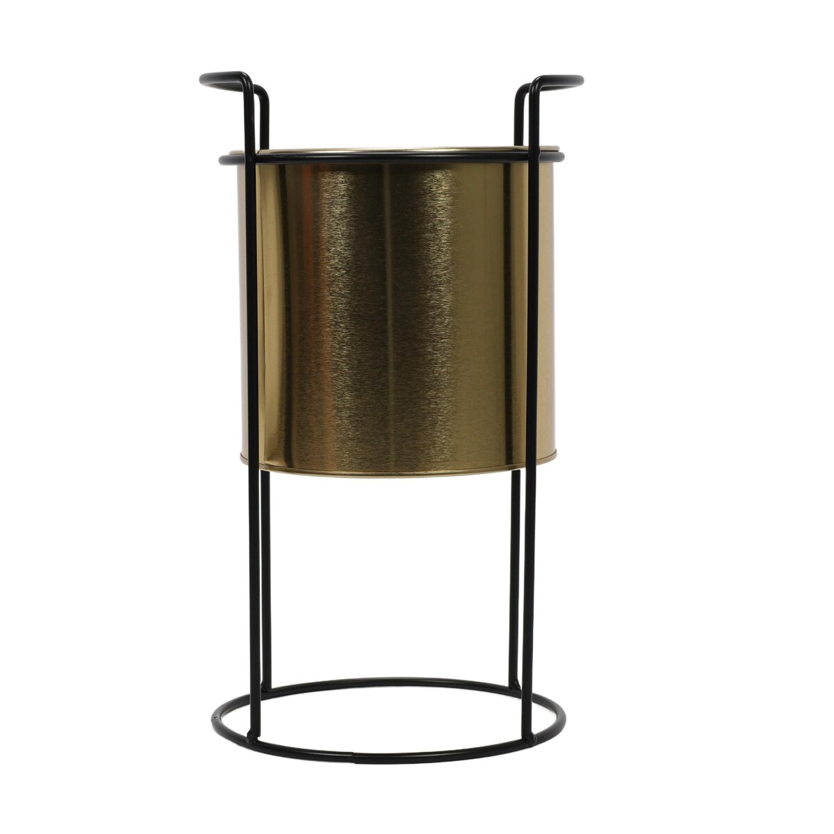 Złota doniczka, metalowa, na stojaku, wys. 31 cm