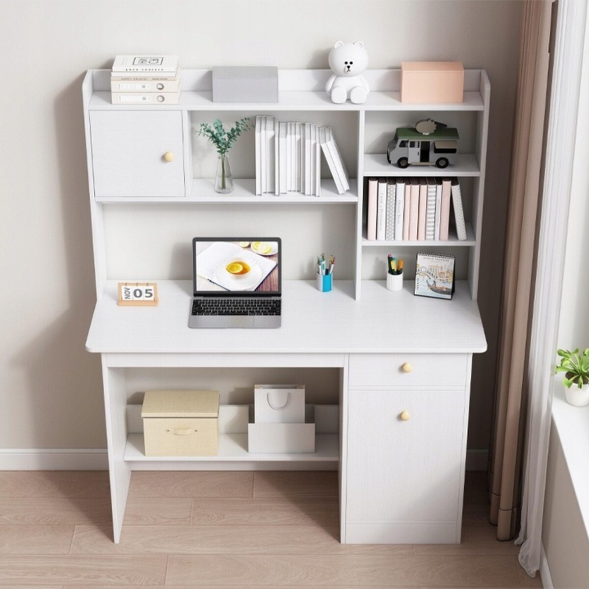Biurko komputerowe białe loft z 7 półkami