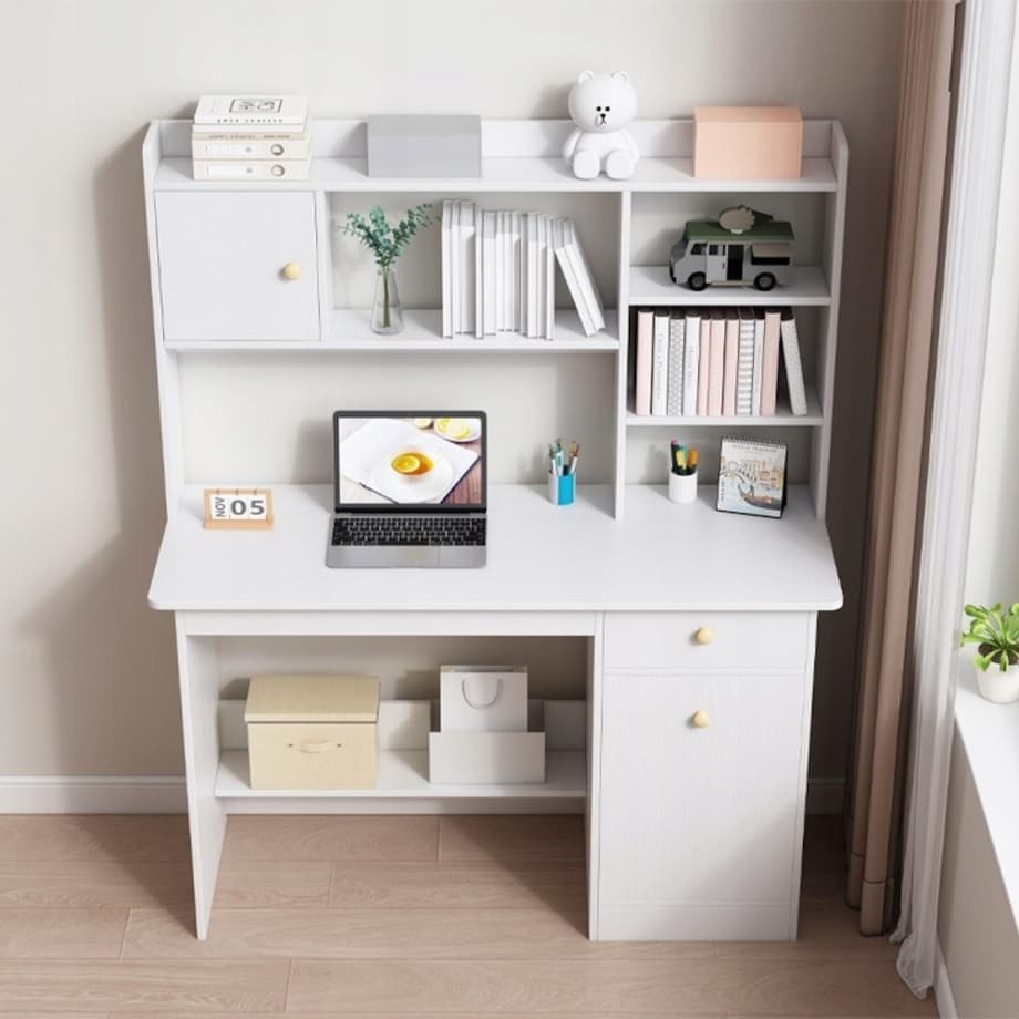Biurko komputerowe białe loft z 7 półkami
