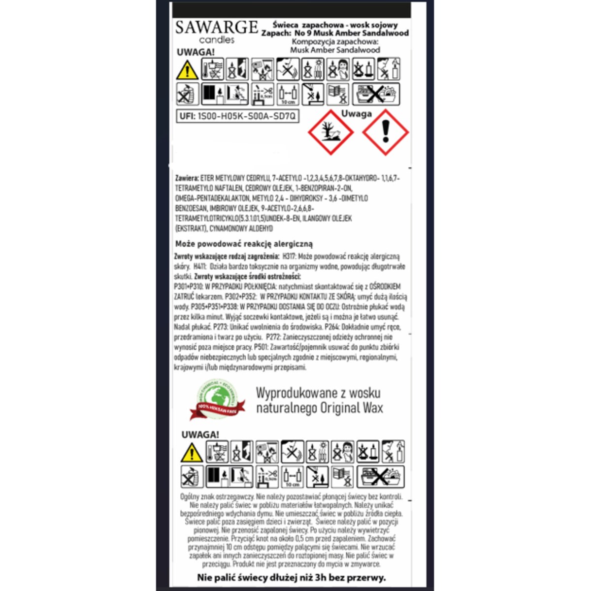 Świeca Zapachowa Sojowa No9 /70h/Bursztyn Piżmo Drzewo Sandałowe 800g