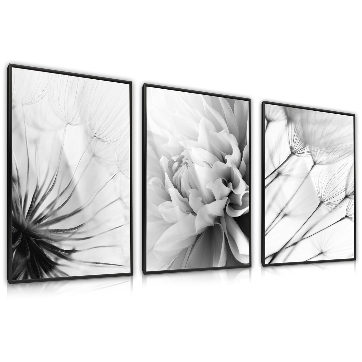 ZESTAW X3 PLAKAT W RAMIE CZARNO-BIAŁE KWIATY DMUCHAWCE DO SYPIALNI 30x40cm