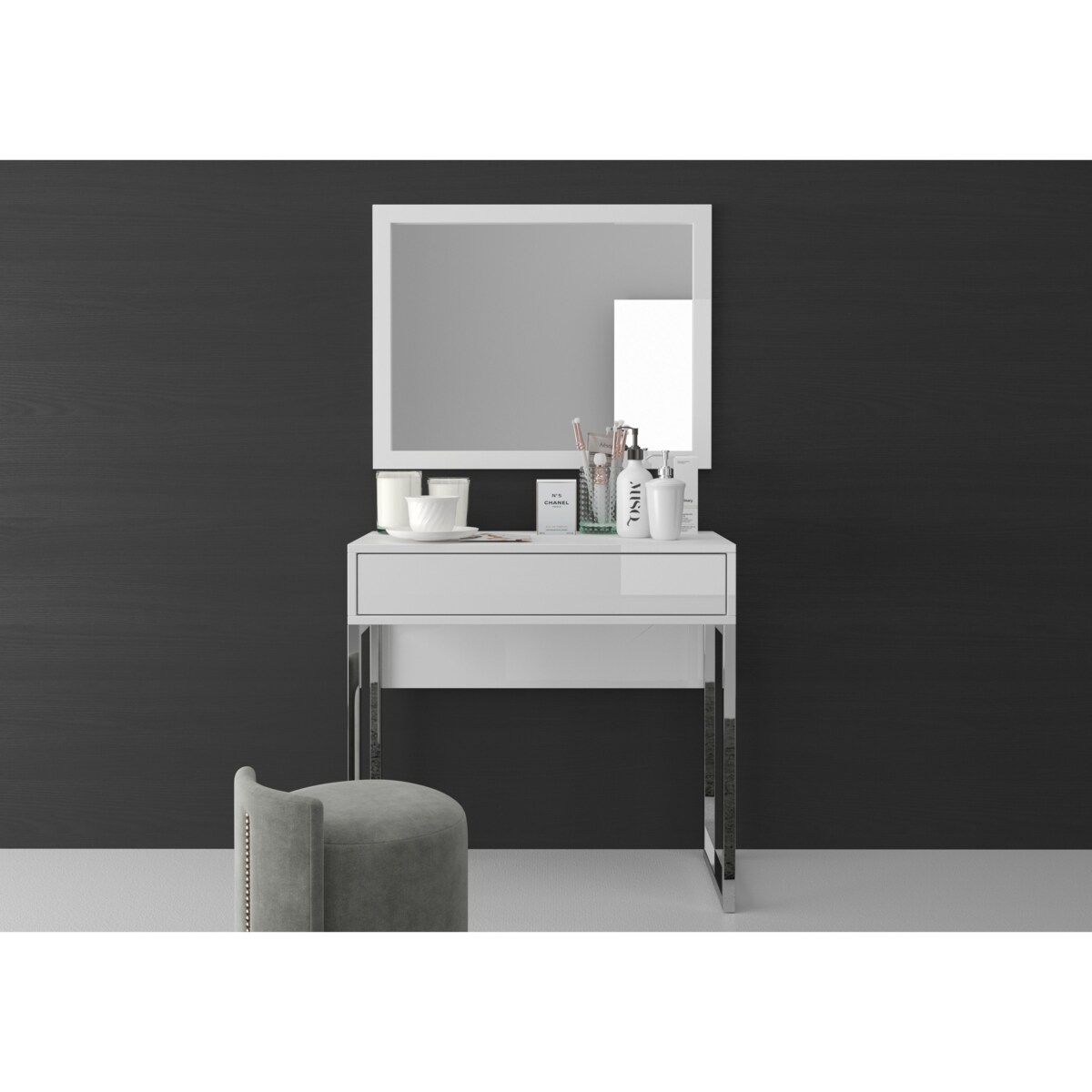 Biała nowoczesna toaletka Dancan EVA ze srebrnym stelażem