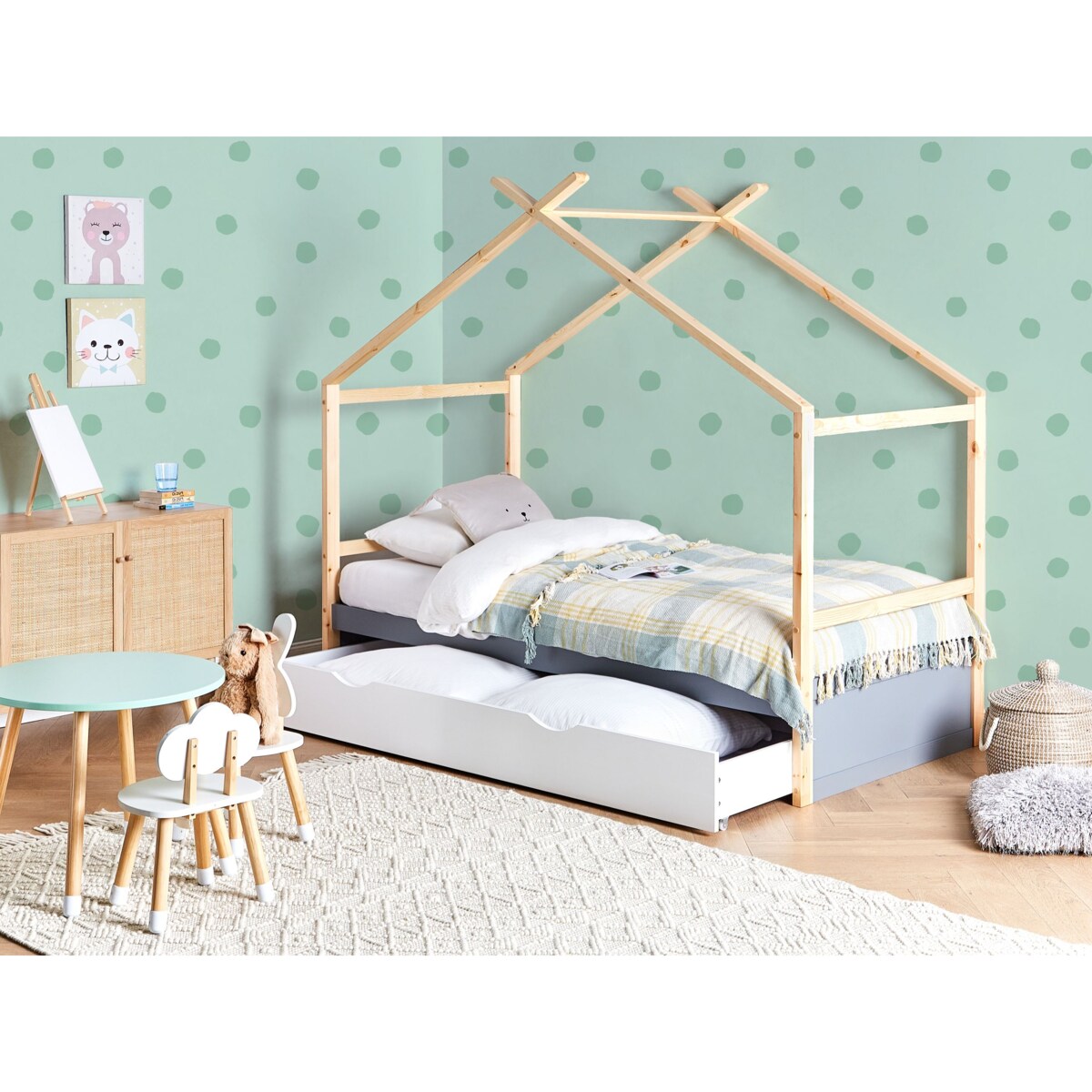 Łóżko dziecięce domek drewniane z szufladami 90 x 200 cm szare ORGEVAL