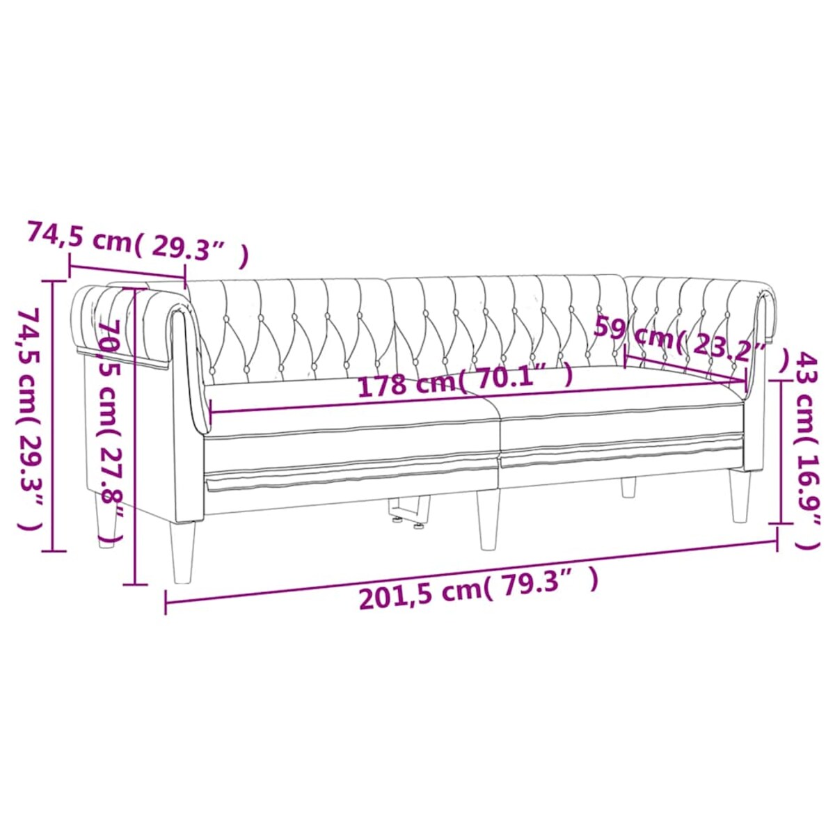 vidaXL Sofa Chesterfield, trzyosobowa, niebieska, obita tkaniną