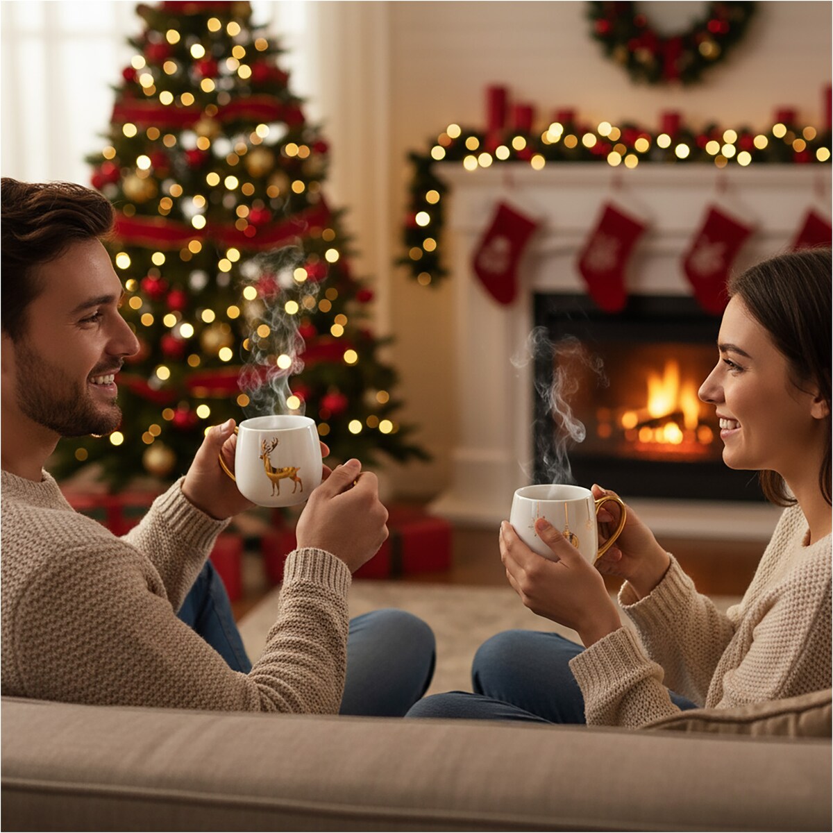 Kubek Z Uchem Świąteczny Porcelanowy Biało-Złoty 375 Ml Renifer