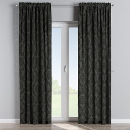 Zasłona na kanale z grzywką 1 szt. 130x260 czarne liście akantu na grafitowym tle